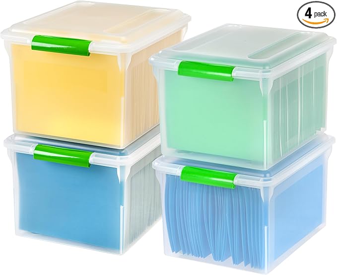 IRIS USA File Box File Organizer Plastic File Box for Letter/Legal File, BPA-Free Plastic Storage Bin Tote Organizer w/Secure Latching Lid and Easy-Slide Pad, Clear 35 Qt. 4Pack