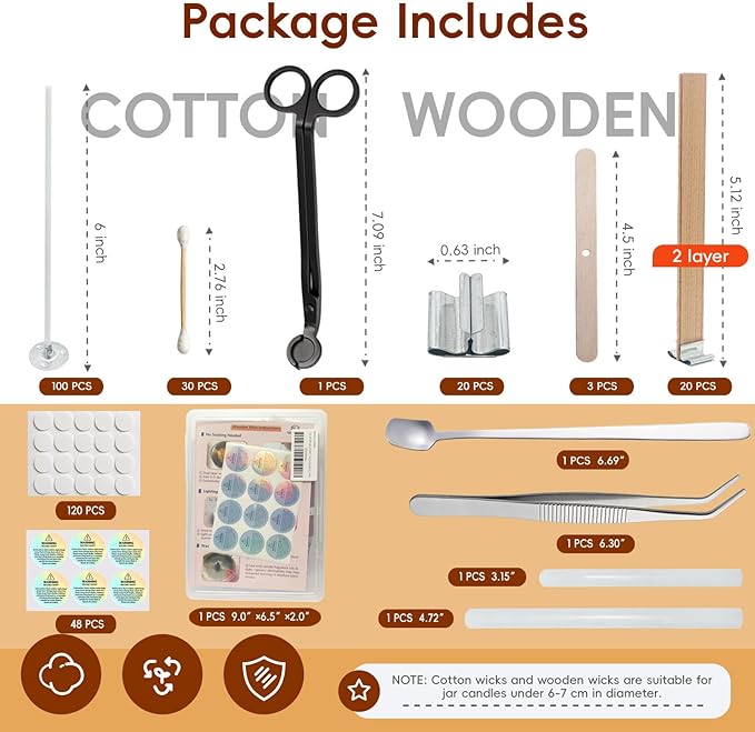 150 Pcs Candle Wick Set with Storage Box, Double-Layered Rosewood Wicks, Cotton Wicks, Trimmer, Tweezers & More, for DIY Candle Making & Gifting (Trimmer+ Wooden(5.1")+Cotton(6"))