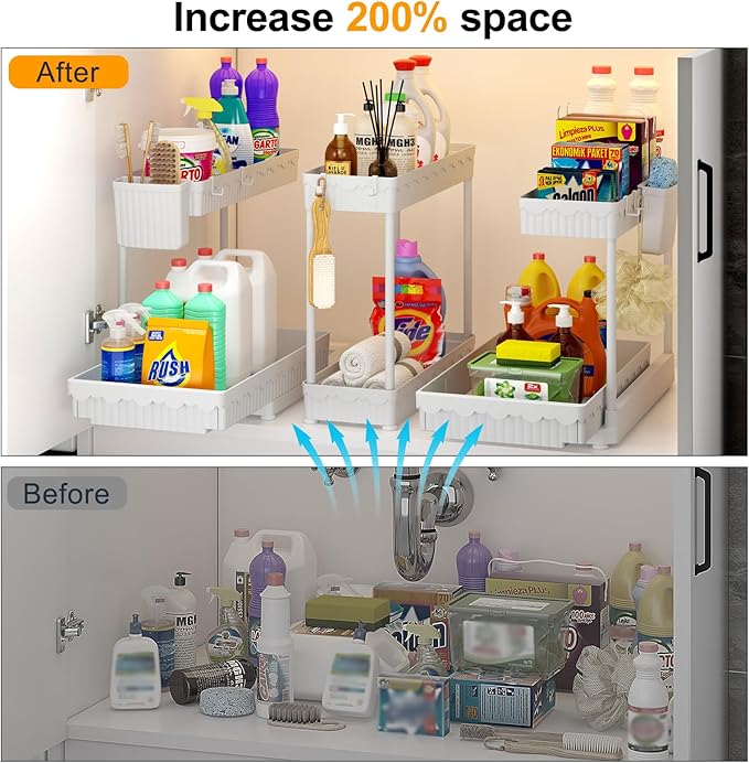 3 Pack Multi-Purpose Under Sink Organizers and Storage, 2026 L-Shaped Pull Out Cabinet Organizer for Bathroom & Kitchen, Under Cabinet Organizer with Hooks Hanging Cup (White, 12.85 inch)