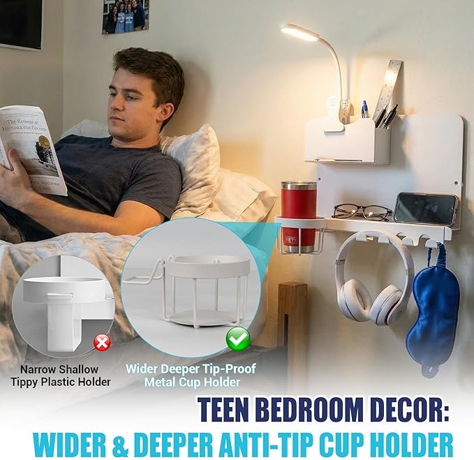 Floating Bedside Shelf & Bedside Wall Organizer, Metal with Detachable Cup Holder, No-Drill Wall Mounted Storage for Bedroom, Dorm, Teen Girls Room, Loft Bed, RV, Bunk Bed & Small Space Organization