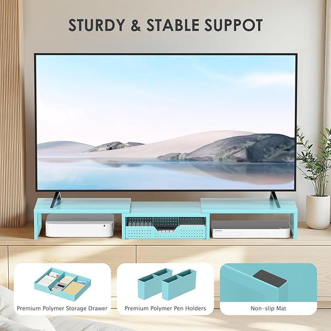 OPNICE Desk Organizers and Accessories, Dual Monitor Stand Riser with Drawer and 2 Pen Holders, Desk Shelf Metal Computer Monitor Stand for Office Workspace Organizers, Desktop Organization (Blue Metal)