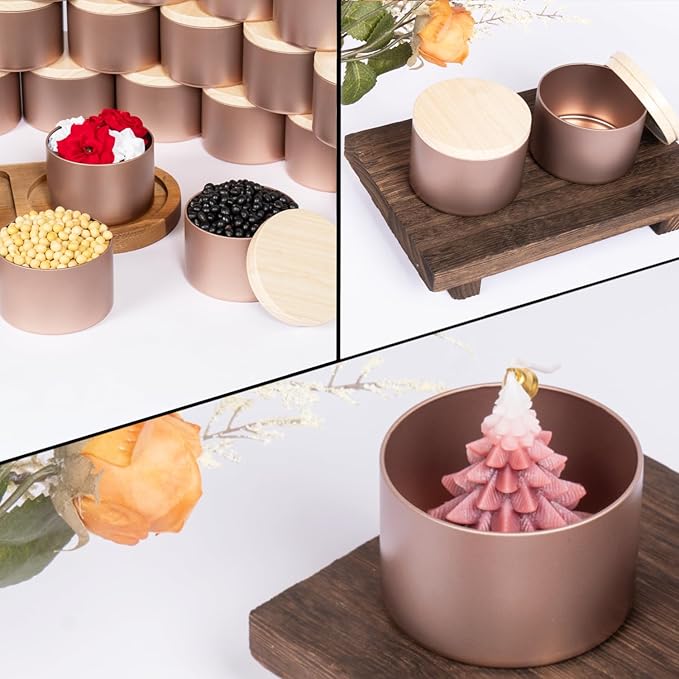 Hiztghc 24-Pack 8oz Cylinder Candle Tins with Wood-Grain Lids Multi-Purpose Containers for Storage,Aromatherapy Candle Making, Small Plants, Holiday Gifts & Arts & Crafts (Rose Gold)
