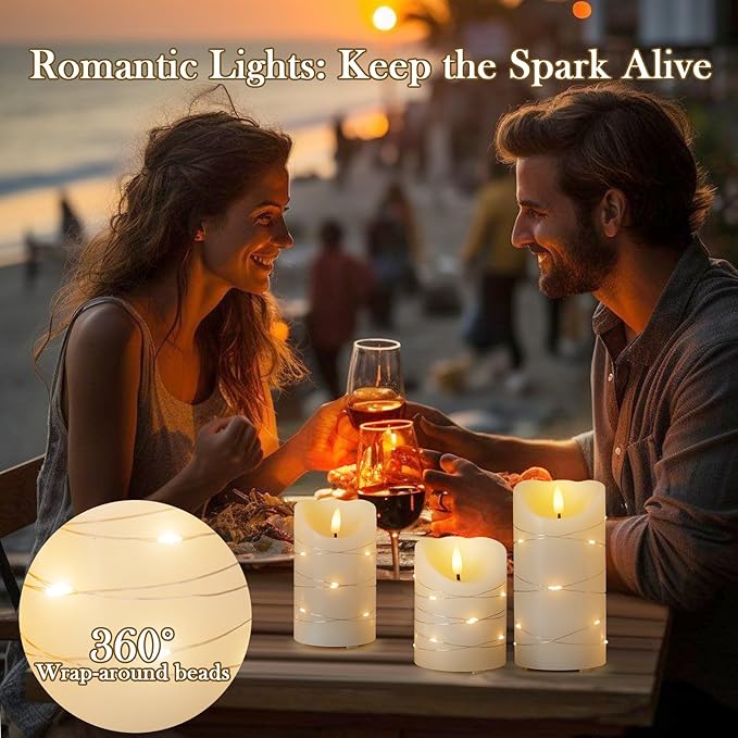 Rechargeable Flameless LED Candles,Flickering Candles with Remote Control & Timer Embedded Fairy String Lights,Real Wax,4" 5" 6" Set of 3 for Valentine's Day,Table Centerpiece Decorations,Home Decor
