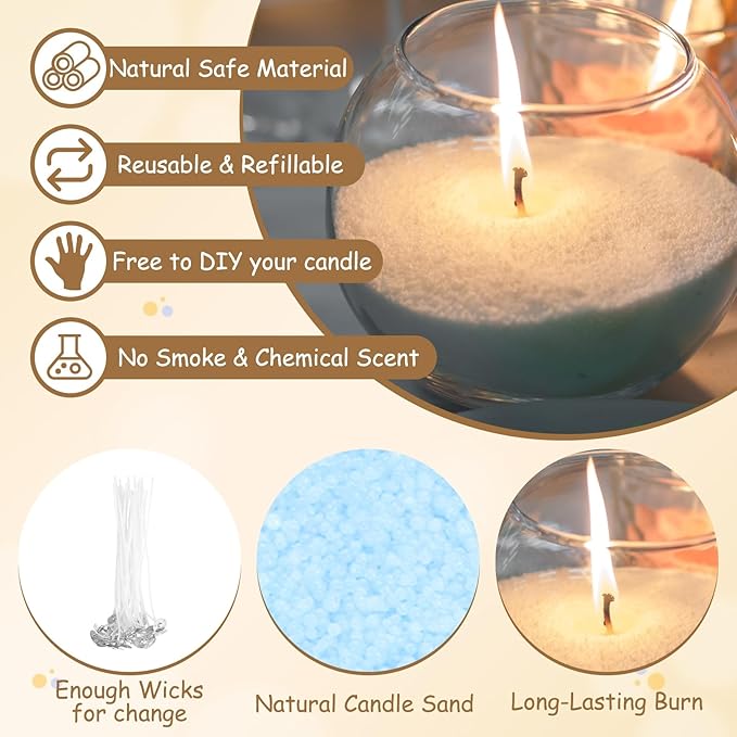 MECCANIXITY Pearled Sand Candles with 30 Pcs Wicks 14Oz / 400g Candle Beads Refillable Powder Sand Wax Making Kit for Thanksgiving Christmas Wedding Party DIY Home Crafts, Sky Blue