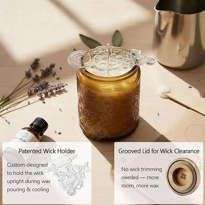 9-Pack 8oz Embossed Glass Candle Container with Bamboo Lids and Labels, Amber Candle Jars for Making Candles, Sun Moon Star Design