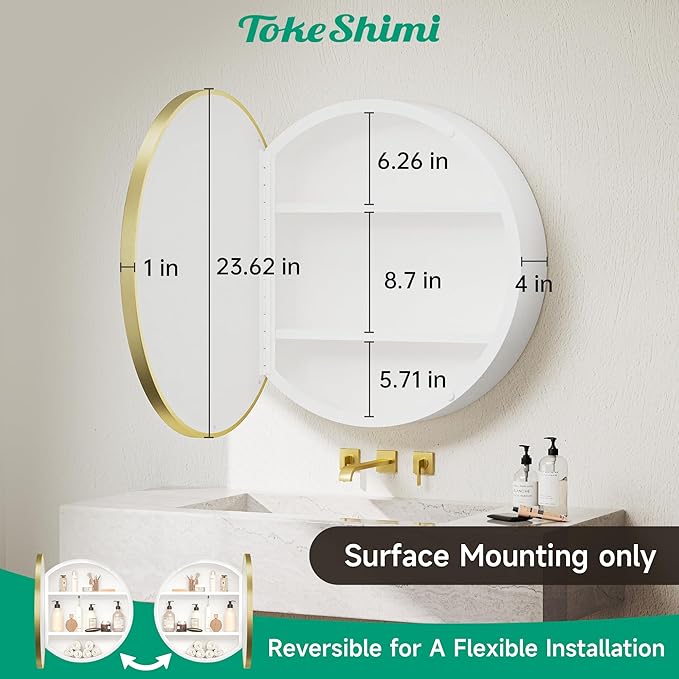 TokeShimi 24x24 Gold Round Medicine Cabinet with Mirror, Round White Medicine Cabinet with Detachable Shelves, Shatterproof, Surface Mount Only