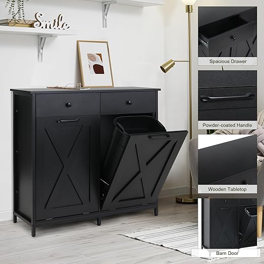 Clevich Double Tilt Out Trash Cabinet 20 Gal, Kitchen Wooden Recycling Holder With Drawers & Tabletop, Dog-Proof Bin, Trash Bins NOT Included (Black)