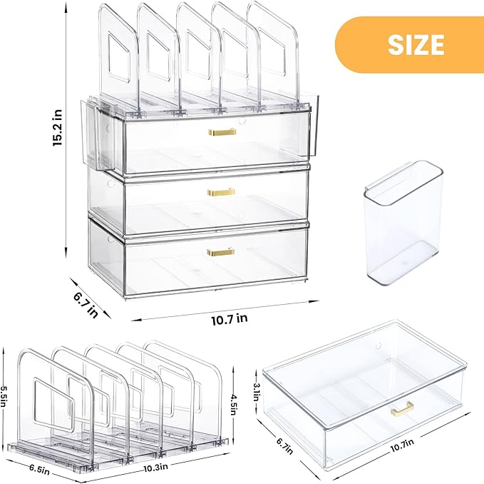 LALOBLUE Acrylic Desk Organizer with 4-Vertical File Holder Rack, 3-Clear Drawer and 2 Pen Holders, Desktop Storage for Office Desk Accessories School Classroom Organization (Clear)