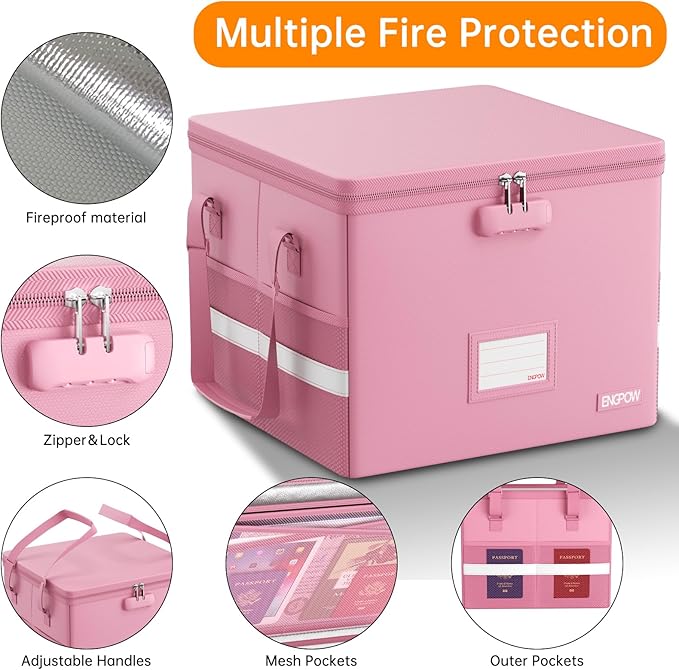 ENGPOW 5200°F File Box Fireproof Document Box with Lock,Heat Insulated Collapsible File Storage Organizer Box with Handle,Portable Home Office File Cabinet for Hanging Letter/Legal Size Folder, Pink