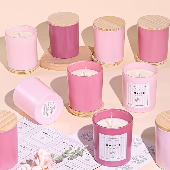 12Pcs Assorted Pink Candle Jars for Making Candles, 10oz Empty Candle Jars with Bamboo Lids and Labels, Glass Candle Jar for Candle Making Supplies, Candle Containers for DIY Gifts