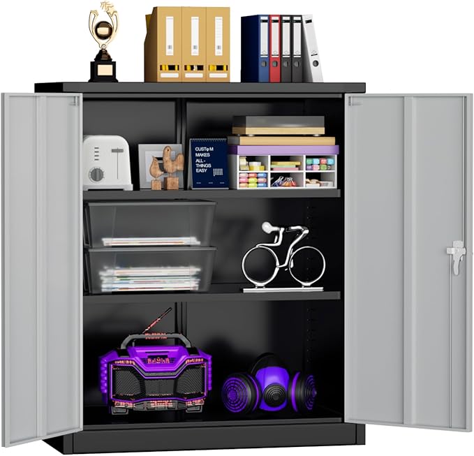 Superday 36" Metal Storage Cabinet, Garage Storage Cabinet with Locking Doors and Adjustable Shelves, Steel Lockable Cabinets, Tool Cabinets for Home Office, Garage, School（Black Grey）
