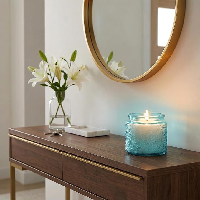 9-Pack 10 oz Sun Moon Star Embossed Glass Candle Jars with Mirror Lids and Labels - Unique Blue Containers with Lids for Candle Making