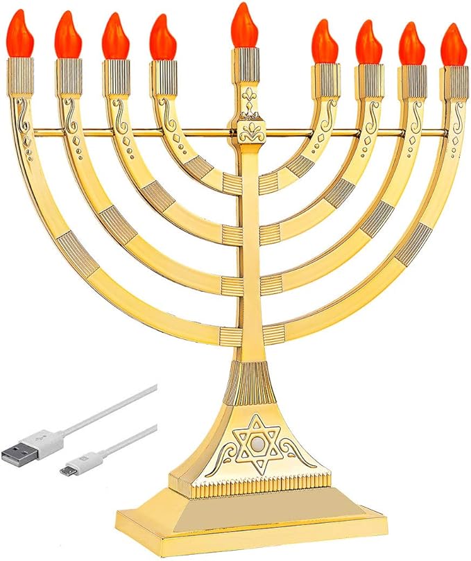 Zion Judaica Pack of 2 LED Gold Menorahs Battery or USB Powered Menoras Electronic Hanukkiah Battery Minorah Flamless Chanukah Candles Chanukkiah (Gold, 2)