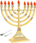 Zion Judaica Pack of 2 LED Gold Menorahs Battery or USB Powered Menoras Electronic Hanukkiah Battery Minorah Flamless Chanukah Candles Chanukkiah (Gold, 2)