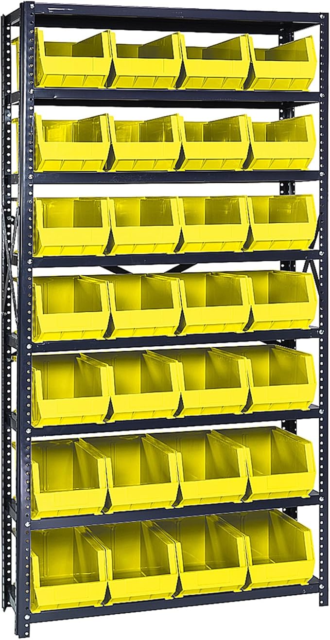 Quantum Storage Systems QSBU-240YL Giant Open Hopper Steel Shelving System, 12" D x 36" W x 75" H, with 8 Shelves and 28 QU240 Bins, Yellow