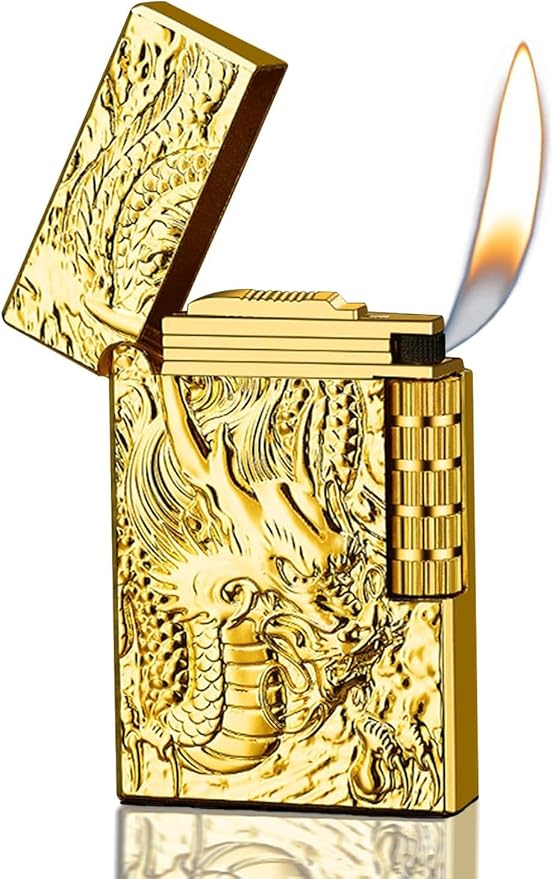 Dragon Butane Lighter, Refillable Lighter Soft Flame, Flip-Top Metal Gold Side Wheel Frosted Pocket Lighter for Everyday Use, Camping, Gifts for Men, Father, Husband (No Fuel)