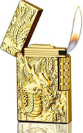 Dragon Relief Design Side Wheel Frosted Lighter, Refillable Butane, Soft Flame Lighter, Flip, Outdoor, Camping, Men's Gift (Free of Butane Gas) Gold