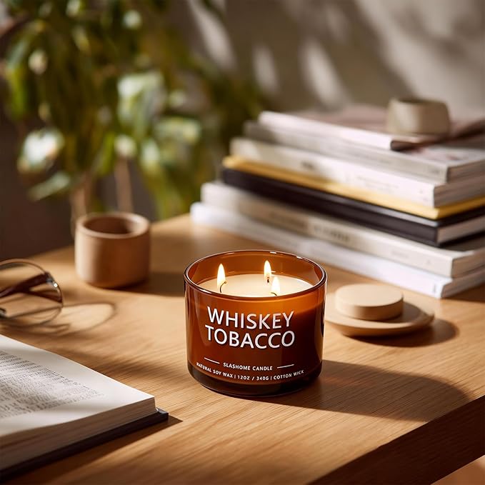 Whiskey & Tobacco Scented Candle, Luxury Large 3 Wick Soy Candle 12 Oz, 60+ Hour Long Lasting Clean Burn, Elegant Aromatherapy Home Decor, Housewarming & Birthday Gift for Men & Women