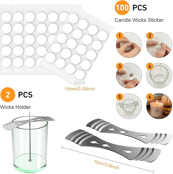 100 Pcs Cotton Candle Wick 8'',Wicks Coated with Paraffin Wax, 100PCS Candle Wick Stickers and 2PCS Metal Candle Wick Holders for Candle Making, Suit for Soy Beeswax Candle Making DIY