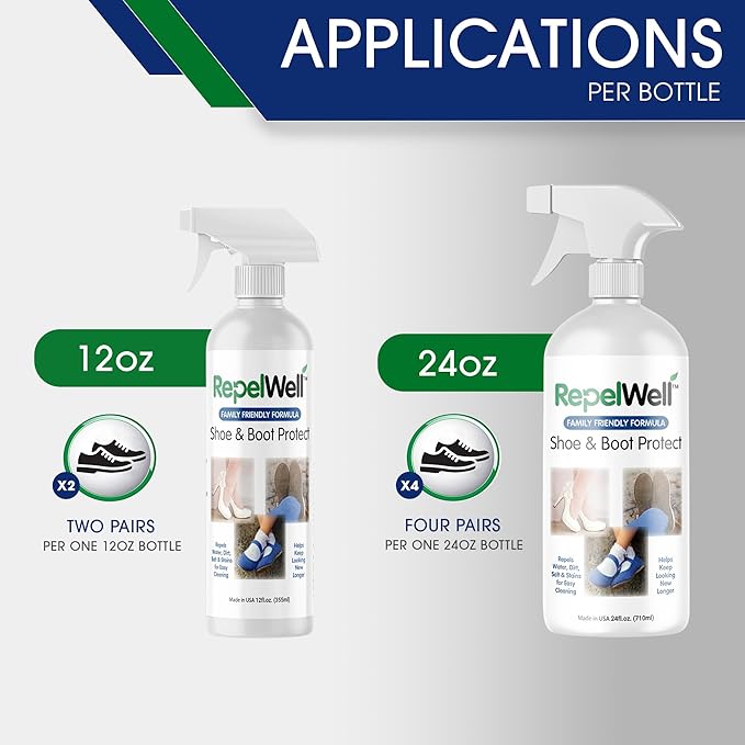 RepelWell Shoe & Boot Stain & Water Repellent (12oz) Eco-Friendly, Pet-Safe Spray Keeps Fabric, Leather & Suede Clean & Dry