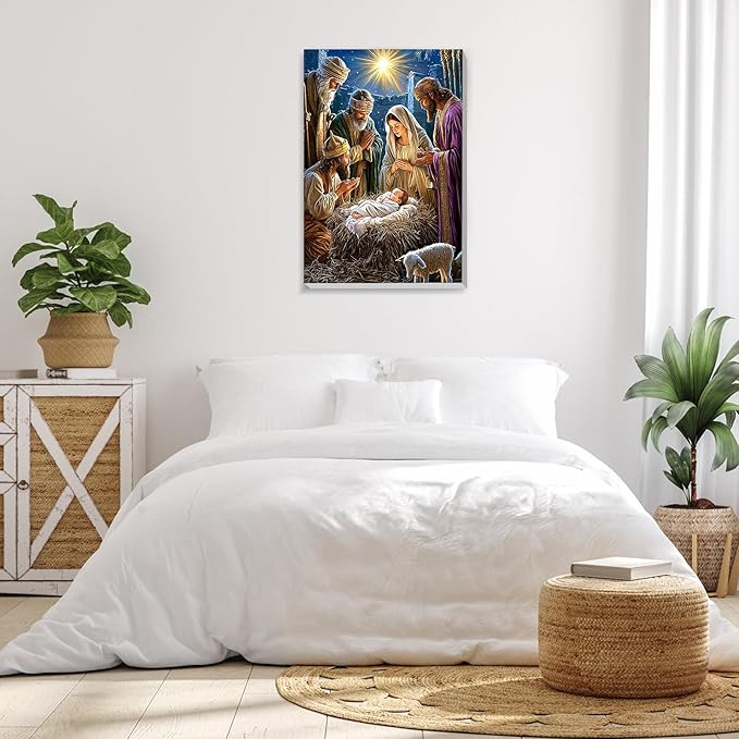 Bowetile Nativity Scene Paint by Numbers for Adults Beginners Framed, Adults' Paint-by-Number Christmas Kits on Canvas, Acrylic Number Painting Gifts for Home Wall Decor, 8x12in