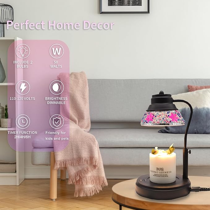 Electric Candle Warmer Lamp with Colorful Diamond Lampshade, Metal Wax Melting Lattern with Timer and Dimmer, Adjustable Height Candle Melting Lamp Home Decor (Black Purple)