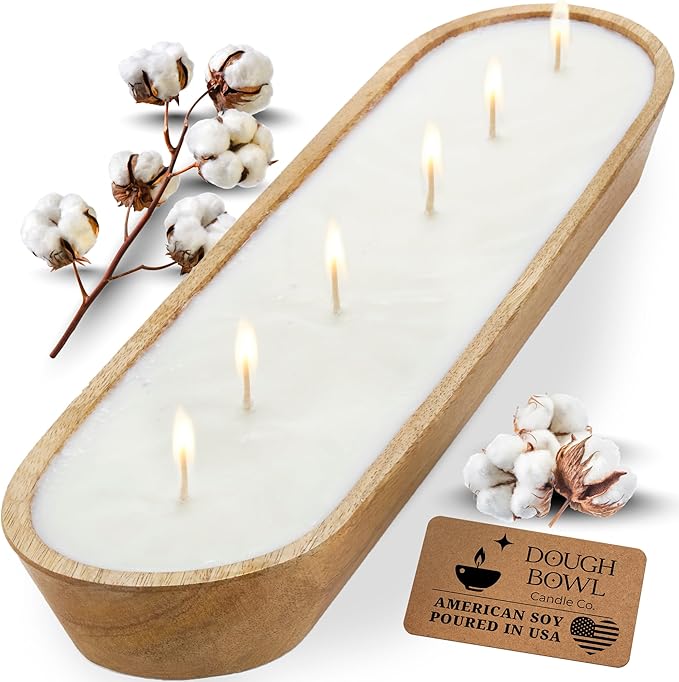 Dough Bowl Candle Co. Clean Cotton Soy Candle - 6 Wick Rustic Farmhouse Decor Odor Eliminator in Ornamental Wooden Bowls, 32 Ounce All-Natural Gifts for Women and Men, Wooden Dough Bowls for Decor