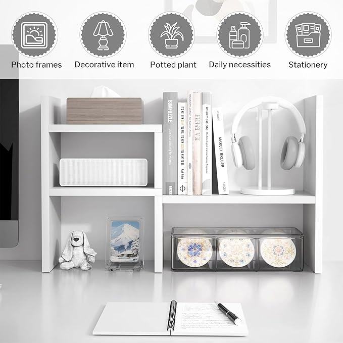 Jerry & Maggie - Desktop Organizer Office Storage Rack Adjustable Wood Display Shelf | Birthday Gifts - Toy - Home Decor | - Free Style Rotation Display - True Natural Stand Shelf (White)
