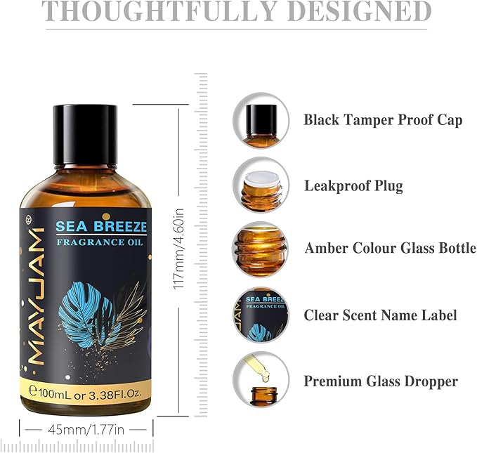 MAYJAM 100ML/3.38FL.OZ Sea Breeze Fragrance Oils with Glass Dropper, Essential Oils for Diffusers, Long Lasting Scented Oils for Soap Candle Making