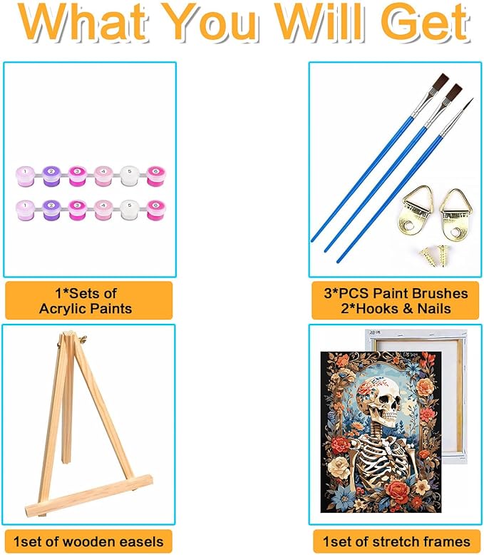 Meothan Paint by Numbers Kits for Adults, Skull Paint by Number for Adults Beginners, Flowers Paint by Numbers Kits on Canvas with Framed and Easel for Home Wall Decor 11.8x15.7inch (30x40cm)