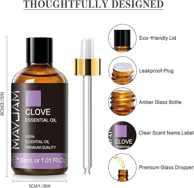 MAYJAM Clove Essential Oil, 1.01 FL.OZ Pure Essential Oils for Aromatherapy Diffuser, Great for DIY Candle and Soap Making(30ml)