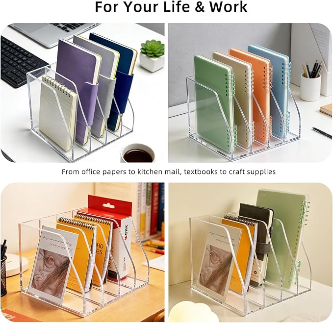 Acrylic Magazine File Holder, 4 Vertical Compartments Desk Document Sorter Organizer, Clear Folder Rack Binder for Office, Documents, Tablets, Magazines, Books – Home/Classroom Rack