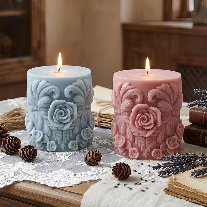 XIAOSHUI Rose Column Silicone Candle Mold Flower Cylinder Candle Molds for Candles Making Resin Casting Aromatherapy Candles Gypsum Craft Home Decorate