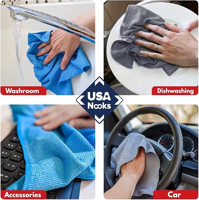 USANOOKS Microfiber Cleaning Cloth - 6 Pcs 11.5"x11.5" - High Performance - 1200 Washes, Ultra Absorbent Towels Weave Grime & Liquid for Streak-Free Mirror (Pack of 6)