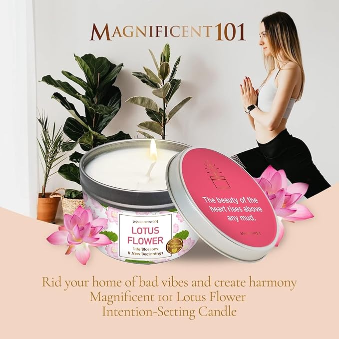 Magnificent 101 Long Lasting Lotus Flower Aromatherapy Candle - 6 Oz - 35 Hour Burn Time - ‎Sage & Bergamot Scented Soy Wax Smudge Candle for New Beginnings, Purification & Manifestation