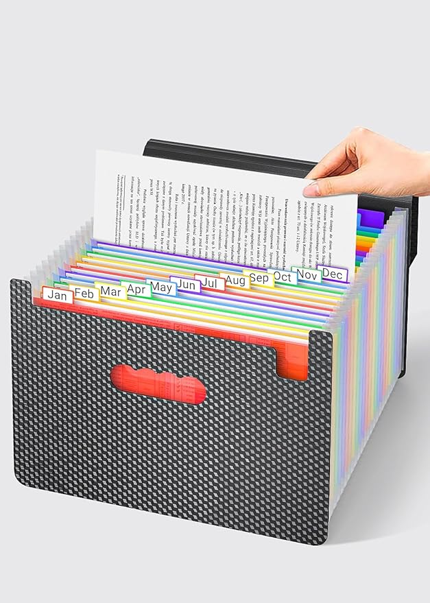 TOPCJ 25 Pockets Expanding File Folder with Handle,Expandable File Organizer,Portable Accordion File Organizer A4 Letter Size,Adjustable Strap,Perfect Filing Folders for Documents,Colored Tabs