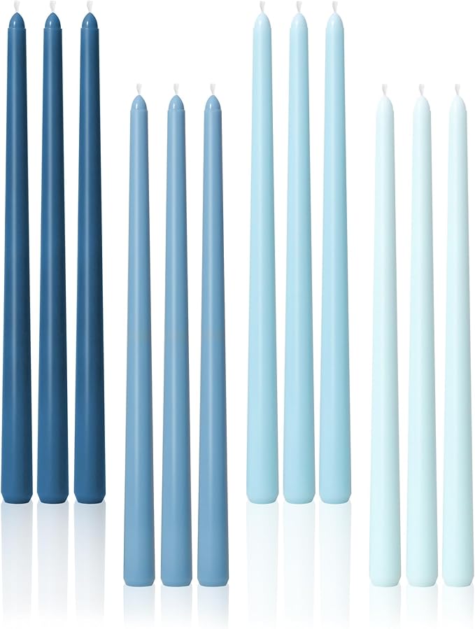 Viyffo 12 Inch Taper Candles, 12 Pack Blue-Unscented, Dripless Design– Long Tall Tapered Candlesticks for Wedding, Dinner, Holiday, Party, Home Decor Natural Color Series