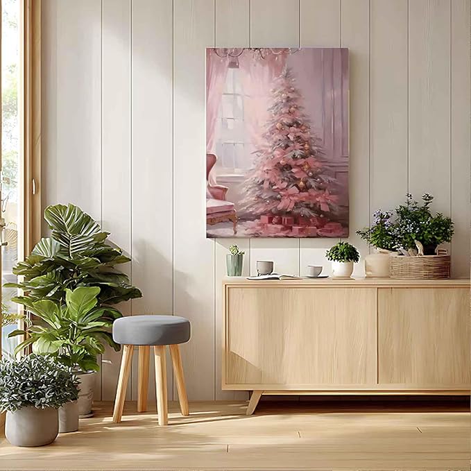 Pink Christmas Tree with Bows & Gifts Paint by Numbers for Adults, Festive Holiday DIY Painting Kit, Cute Home Decor 24 Colors 16x20 inch Framed