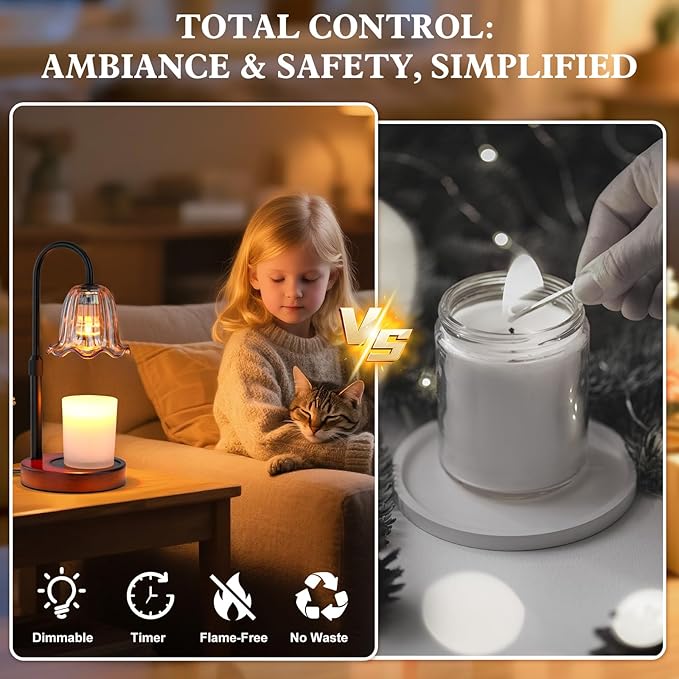 Candle Warmer Lamp Electric: Dimmable Timer Candles Warming Lamps - Height Adjustable Burner Jar - No Flame Scented Melts Wax - All Candle Jars Table Light Home Decor