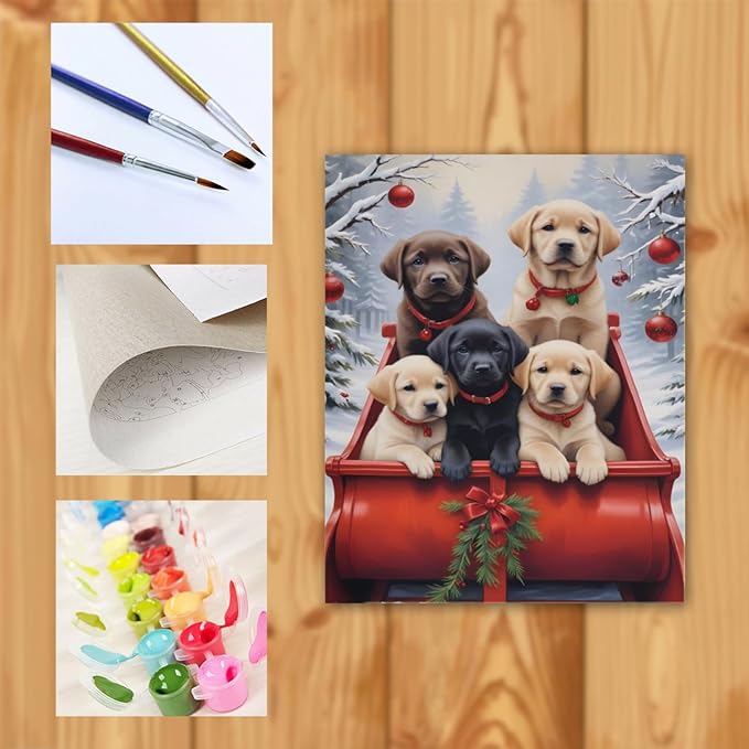 QZOTRXI Christmas Paint by Number Kits for Adults, Easy Dog Winter Sledding Paint by Number Kits, DIY Christmas Dog Paint by Numbers Kits for Home Wall Decor UNFRAMED 20x16 inch