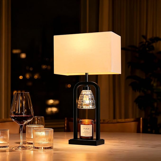 PoKat Lamp Candle Warmer Black, Farmhouse Candle Warmer Lamp with Timer Dimmer, Wax Light Warming Table Lamp for Jar Candles, Bedside Lamp for House Warming Home Decor Living Room, Bulb Included