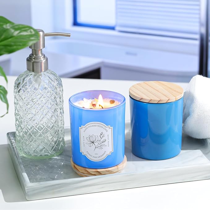 12Pcs Assorted Blue Glass Candle Jars with Wooden Lids for Making Candles, 10 OZ Empty Candle Jars with Labels and 100g Crystal Rocks, Candle Making Supplies Candle Containers for Home DIY & GIFTS