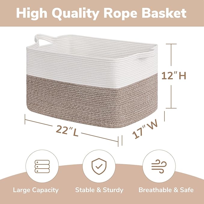 Goodpick Large Blanket Basket 22" x 17" x 12" Woven Storage Baskets for Organizing, Rectangle Baby Toy Storage Basket with Handles, Dirty Clothes Basket for Bedroom