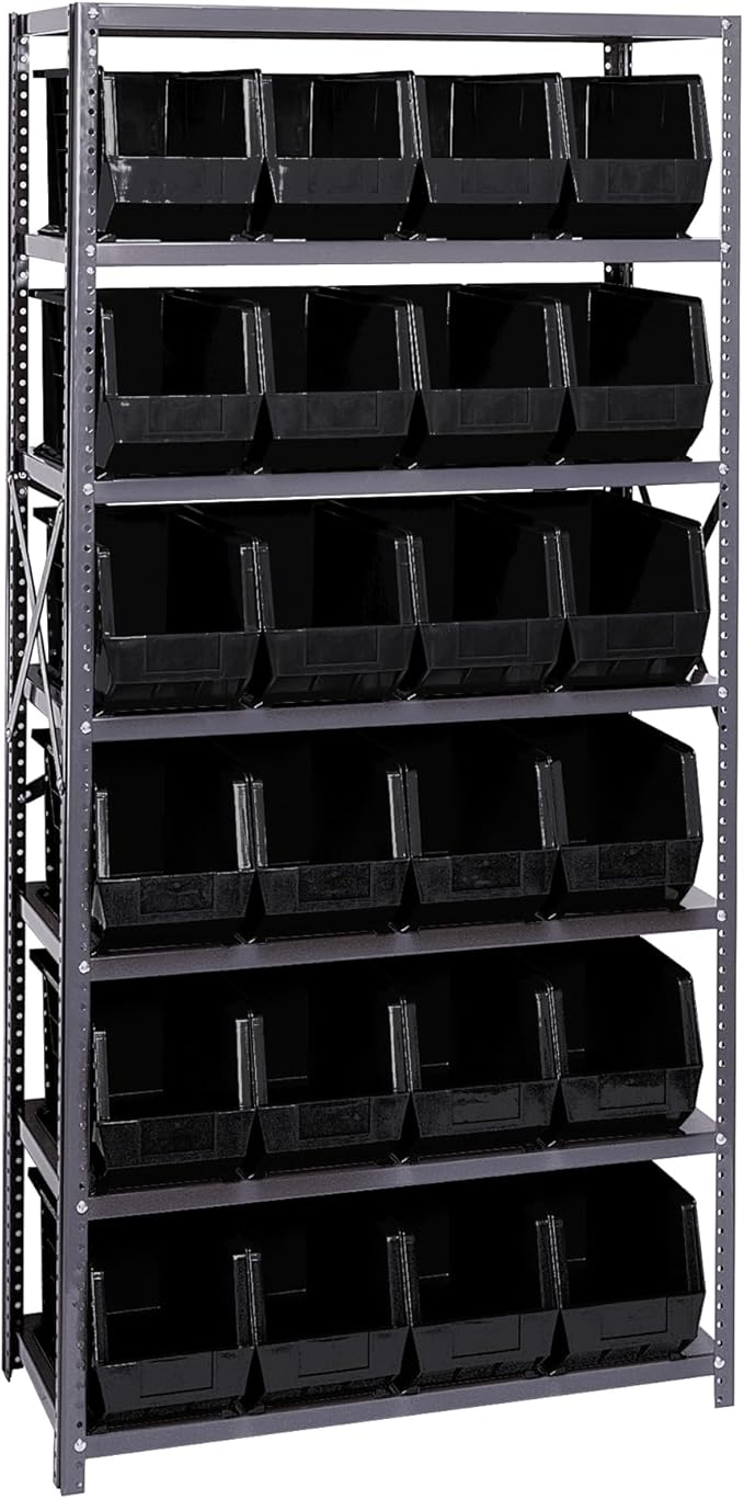 Quantum Storage Systems QSBU-265BK Giant Open Hopper Steel Shelving System, 18" D x 36" W x 75" H, with 7 Shelves and 24 QUS265 Bins, Black