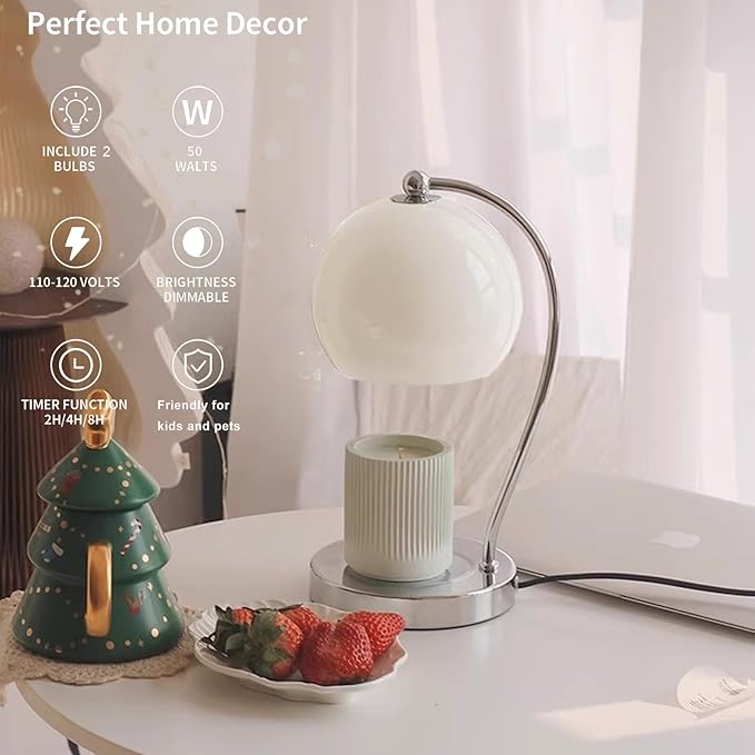 Modern Candle Warmer Lamp, Wide Base Candle Warming Lamp with Timer and Dimmer, Adjustable Wax Burner Light Top Down for Wax Melting, Home Art Decor (White)