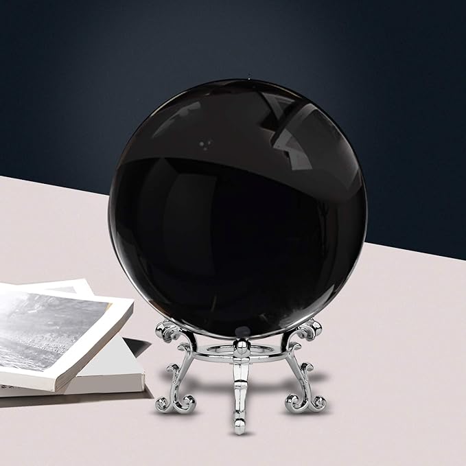 MerryNine 80mm/3.15" Top K9 Crystal Ball with Stylish Metallic Stand and Microfiber Clean Cloth, Decorative and Photography Accessory (Obsidian Black)