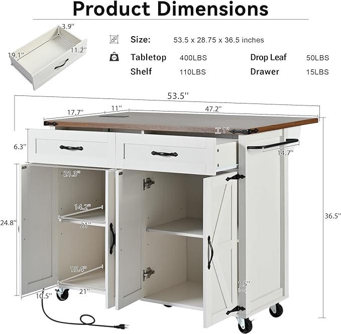 Amposei Farmhouse Rolling Kitchen Island with Power Outlet, Drop Leaf Breakfast Bar, Wooden Mobile Storage Island Cart on Wheels with Drawers, Spice Rack for Kitchen Dining Room (Retro White)