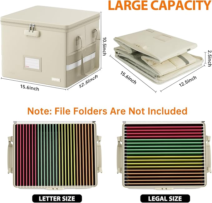 ENGPOW 5200°F File Box Fireproof Document Box with Lock,Heat Insulated Collapsible File Storage Organizer Box with Handle,Portable Home Office File Cabinet for Hanging Letter/Legal Size Folder, Beige