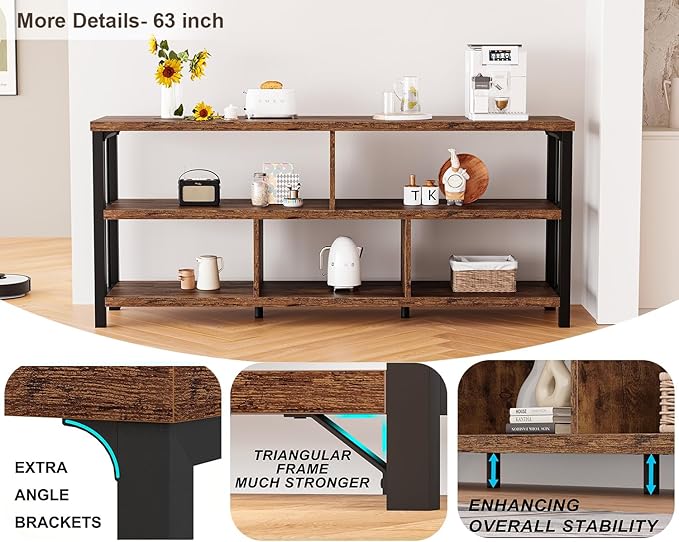IBF Bookshelf, Farmhouse 63” Long Open Book Shelf, Wood Metal 5 Cube Bookcase for Living Room, Low Horizontal Bookshelf for Bedroom, Wide Cubby Storage Organizer for Home Office, Rustic Brown, 63 Inch
