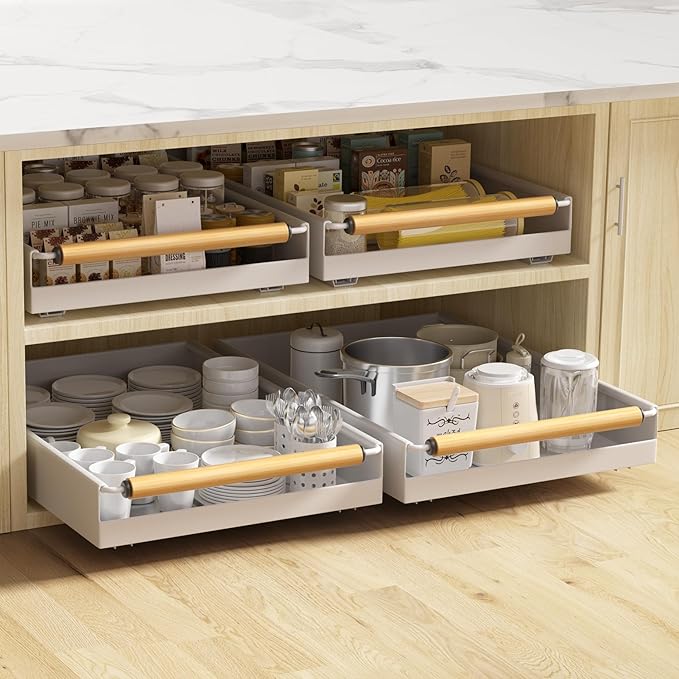 2 Pack Pull Out Cabinet Organizer, 15.3'' Deep Expandable Slide Out Cabinet Organizer Fixed with Adhesive Nano Film, Slide Out Drawers Pull Out Tray for Cabinet in Kitchen, Pantry, Bathroom, White